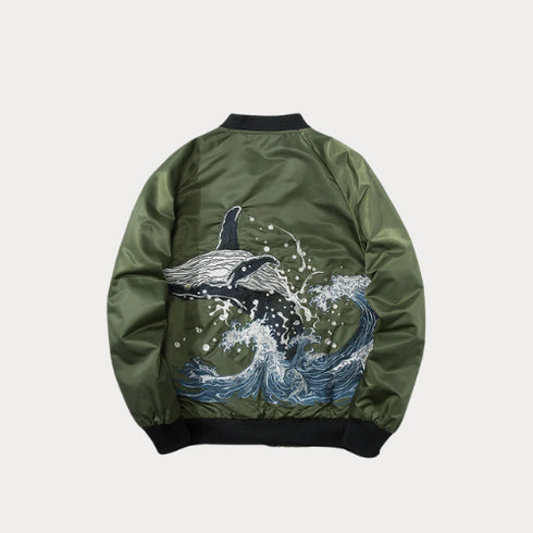 Whale Embroidered MA1 Bomber Jacket for Men – Oversized Japanese Sukajan Coat